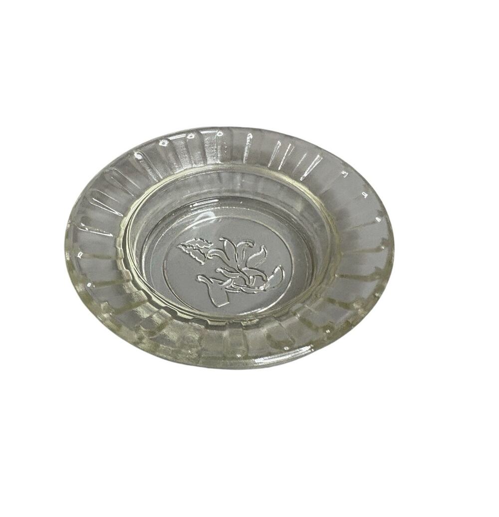 Vintage Clear Glass Ashtray 4.5" Floral Etched Cigarette Cigar Tobacco Tray